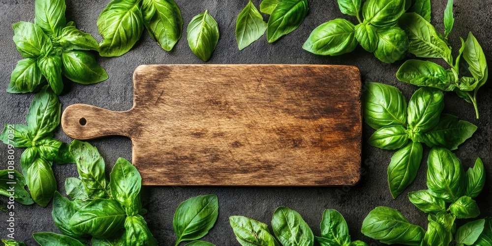 Poster empty wooden cutting board set against a background of various sweet basil leaves. healthy food conc