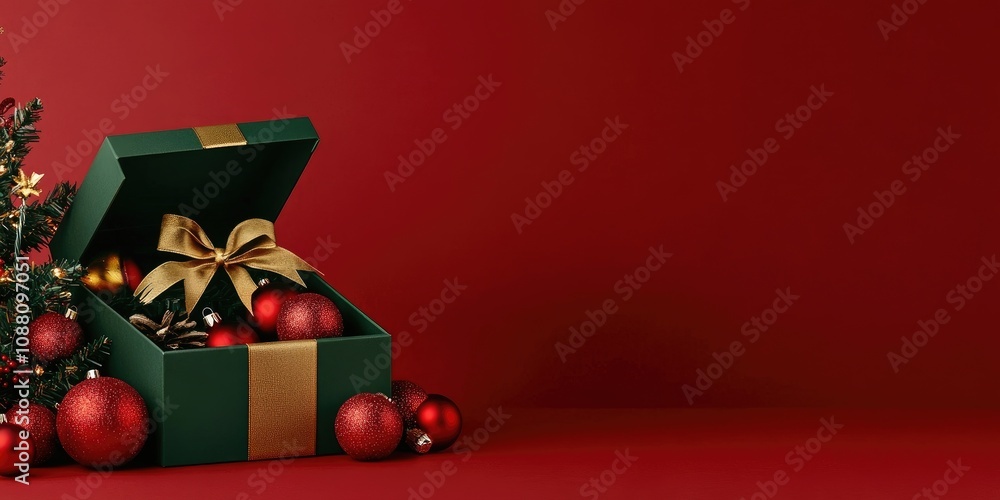 Fototapete mock-up of an open green gift box adorned with a gold ribbon, accompanied by red and gold balls for 
