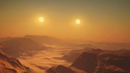 Twin suns set over a hazy, orange desert landscape.