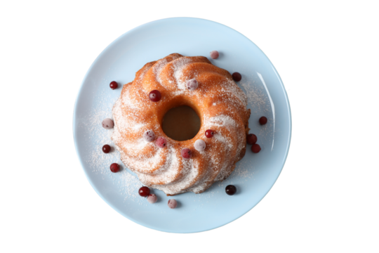 PNG, Christmas cake, cake in a plate, top view, isolated on white background.