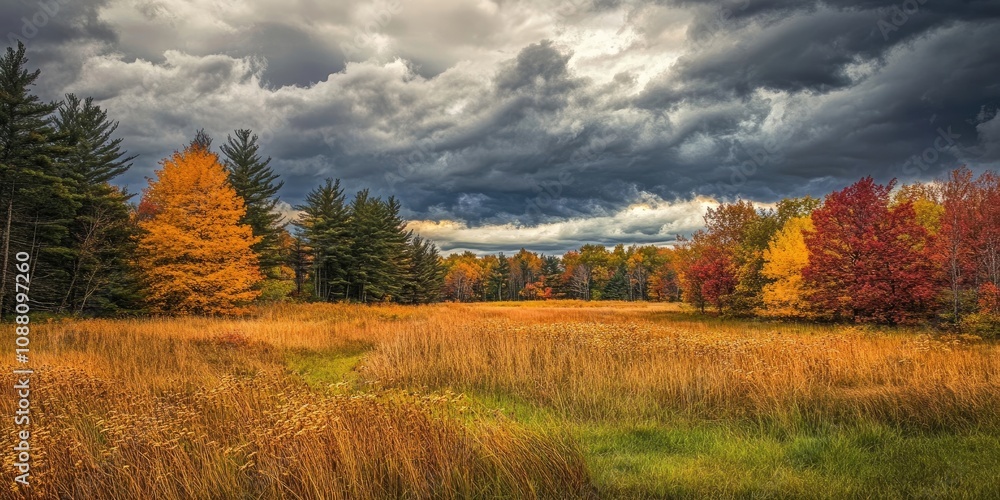 Poster Grassy meadow featuring a patch of goldenrod and trees displaying autumn leaves in the background. Storm clouds overhead.