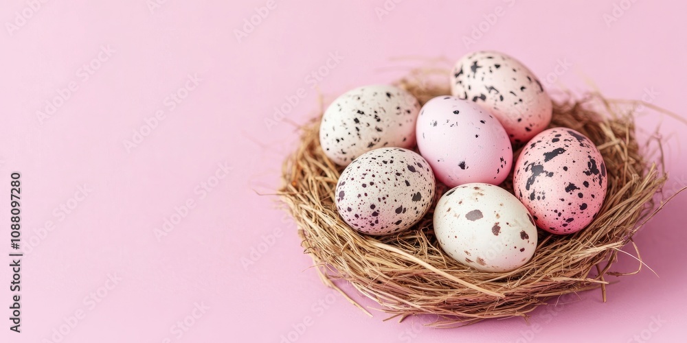 Poster easter nest featuring delicate speckled or spotted quail eggs set against a pink background, with co
