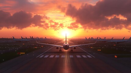 Fototapeta premium Airplane taxiing on runway at sunset, surrounded by other aircraft.