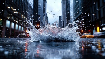 Splash of water in a city street during rain with reflections.