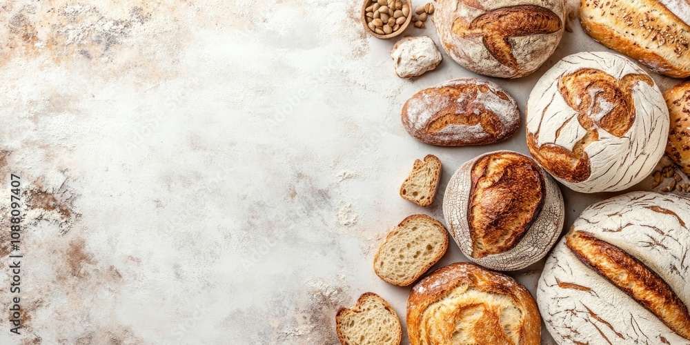 Aufkleber homemade natural breads. various types of fresh bread serve as a background, viewed from a perspecti