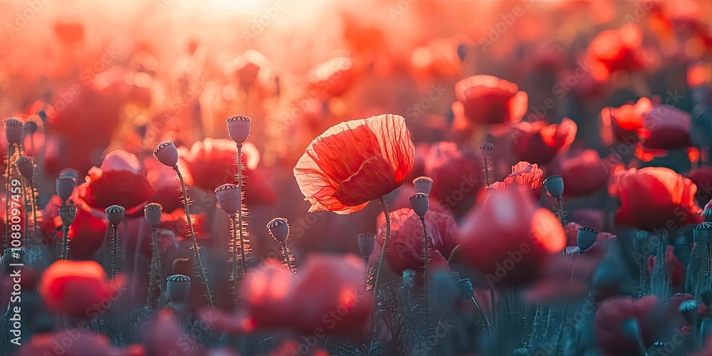 Aufkleber Close-up in a poppy field with the sun. Concept of spring and summer nature background. Shallow depth of field with selective focus.