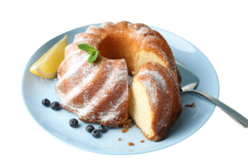 PNG, Christmas cake, cake in a plate, side view, isolated on white background.