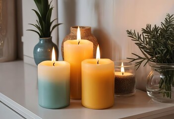 A cozy bedroom with candles lit on a dresser and nightstand