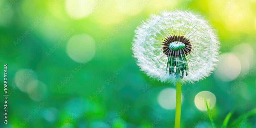 Poster Dandelion with seeds set against a green background