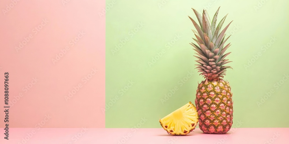 Aufkleber pineapple on a pink and green backdrop with copy space.