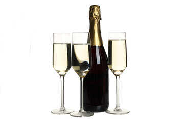 PNG, Bottle of champagne with glasses, isolated on white background