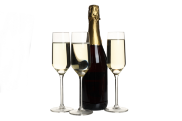 PNG, Bottle of champagne with glasses, isolated on white background