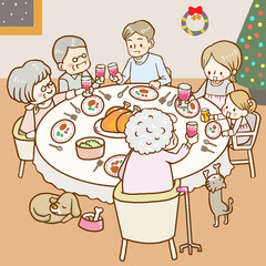 食卓を囲む3世帯家族