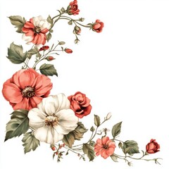 Elegant Floral Arrangement Red White Roses Botanical Illustration Vintage Flowers Corner Design