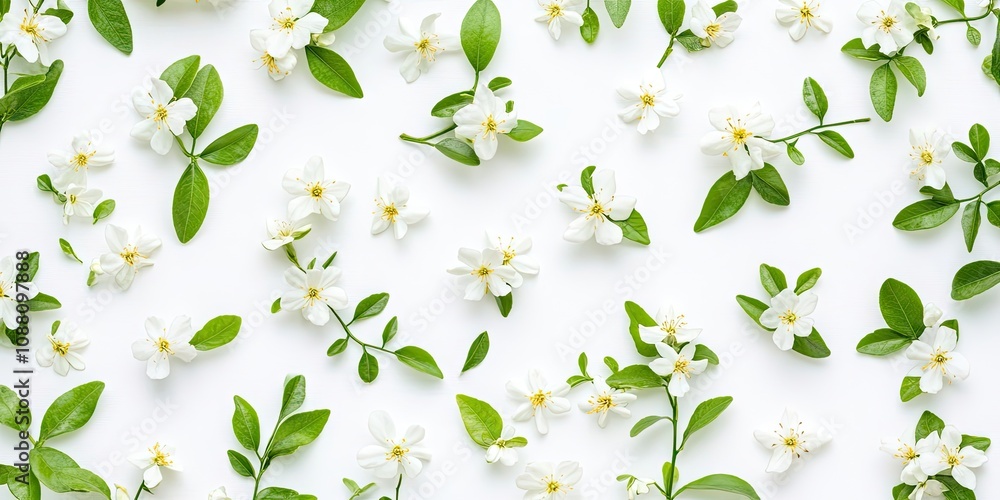 Fototapete a collection of lovely jasmine flowers and branches isolated on a white background in close-up. top 