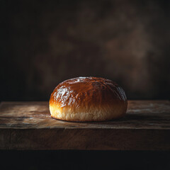 artisan brioche loaf with glossy golden crust displayed on rustic wooden table in dim light