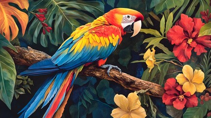 Fototapeta premium A brightly colored macaw perched on a branch, with tropical leaves and flowers in the background.