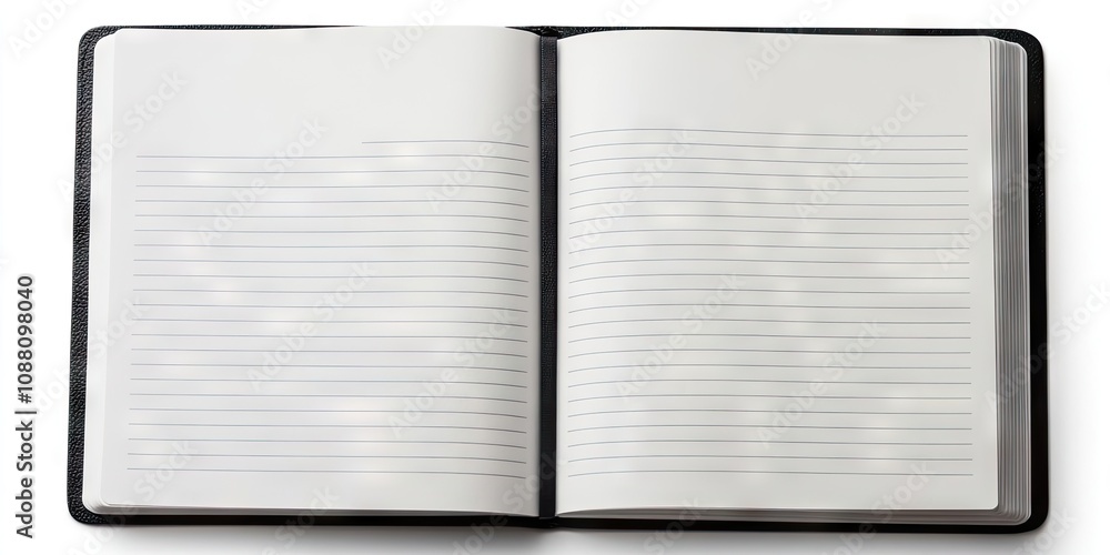 Poster blank open notebook featuring lined pages set against a white background