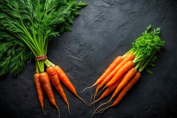 Fresh Organic Carrots with Green Tops on Black Background - Vibrant, Healthy, Farm-Fresh Produce for Culinary and Nutrition Enthusiasts