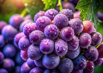 Fresh Purple Grapes with Water Droplets in Low Light Photography, Capturing Their Lushness and Natural Charm for Culinary and Beverage Imagery