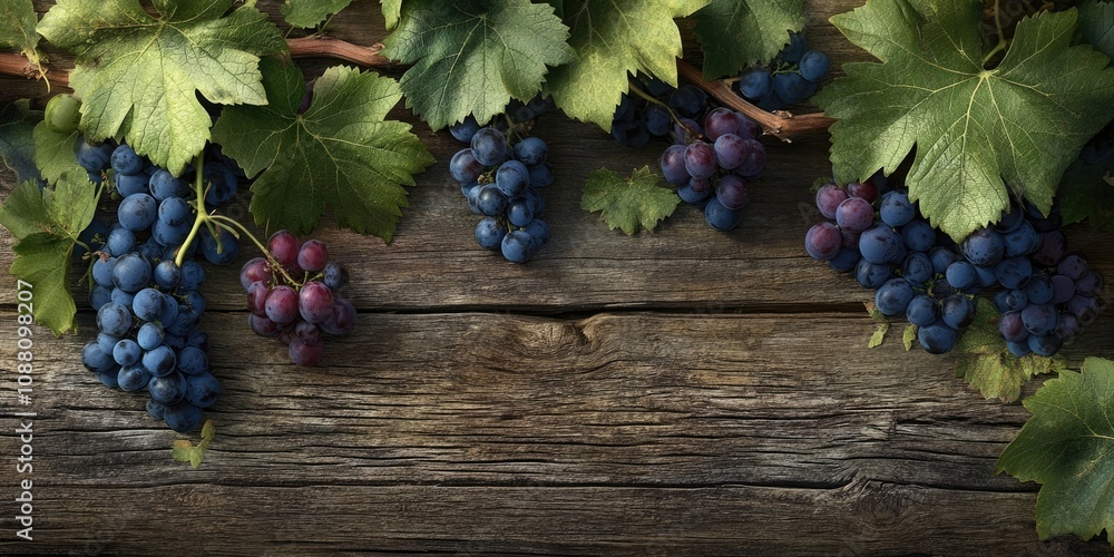 Poster grapes on a vine with leaves resting on a rustic wooden plank