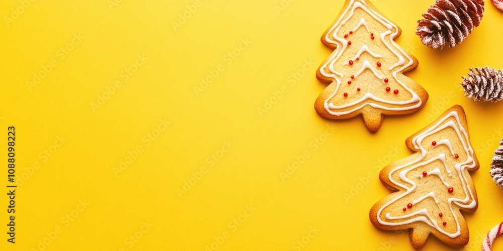Poster christmas cookies on a yellow background with copy space. top view. flat lay. stylish colorful photo