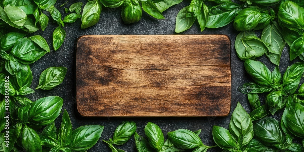 Poster empty wooden cutting board set against a background of various sweet basil leaves. healthy food conc