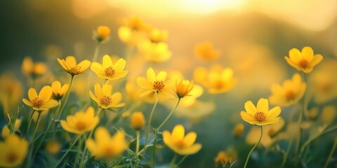 Fototapeta premium Spring nature green backdrop featuring a field of blooming yellow flowers at sunset. Soft-focus close-up macro. Flower panorama banner.