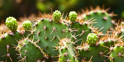 Close-up of a green cactus featuring thorns and fruit.