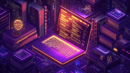 Isometric laptop displaying code surrounded by books.