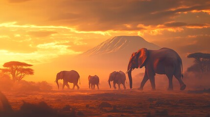Fototapeta premium A family of African elephants walking across a dusty plain at sunset, with Mount Kilimanjaro in the background.