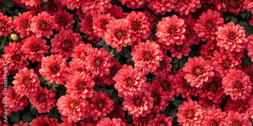 Fototapete close-up view from above of red chrysanthemums. a consistent carpet of red flowers for autumn. the n