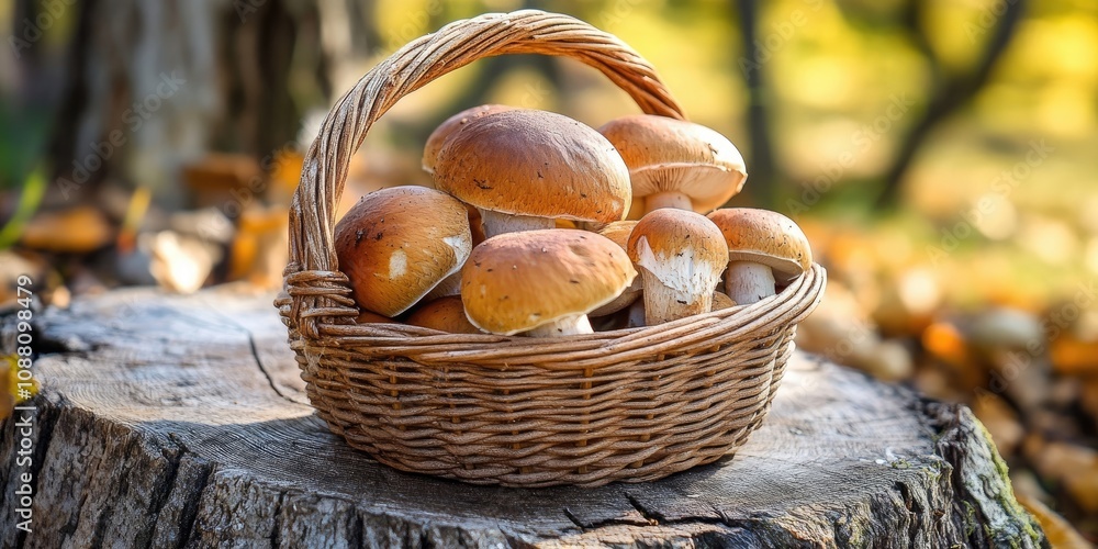 Poster brown mushrooms in a basket resting on a tree stump.