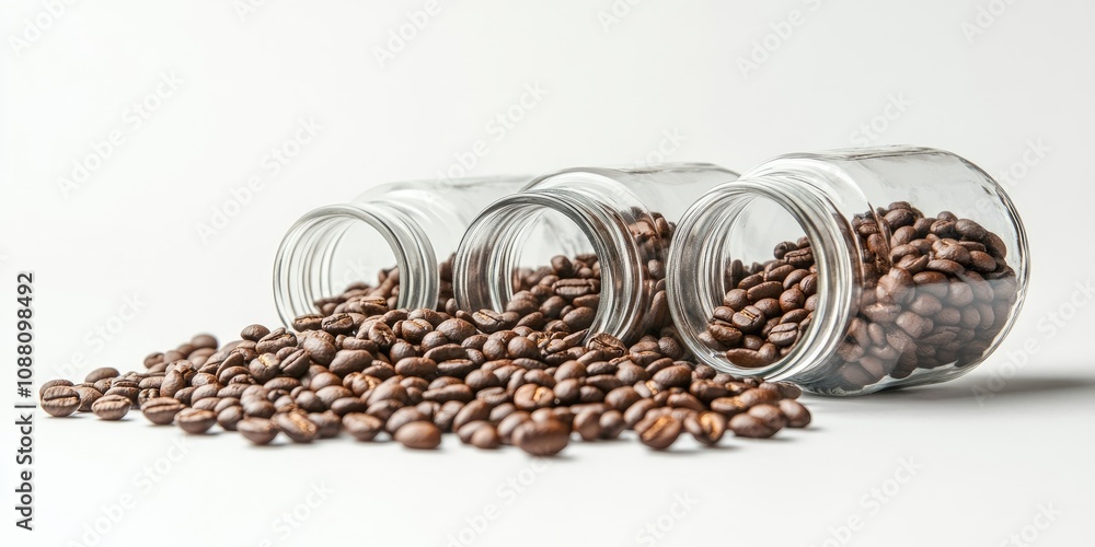 Poster an overturned vintage collection of jars filled with coffee beans on a white background with copyspa
