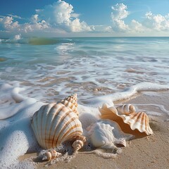 Oceanic Beauty of Waves and Seashells Along a Peaceful Sandy Shore