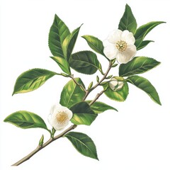 Vintage Camellia Sinensis Branch Botanical Illustration Tea Plant White Flowers Green Leaves