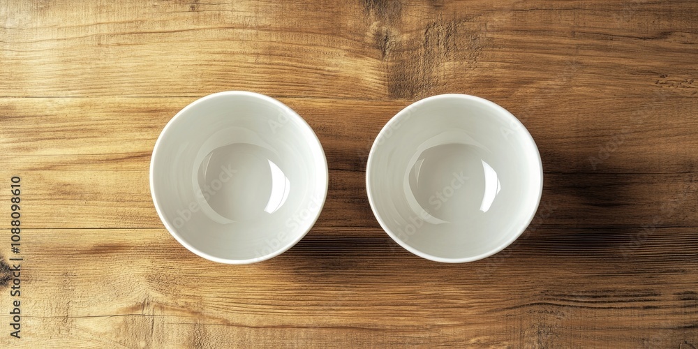 Aufkleber kitchenware and dishware idea. a top view of two new white ceramic bowls placed on a wooden table wi