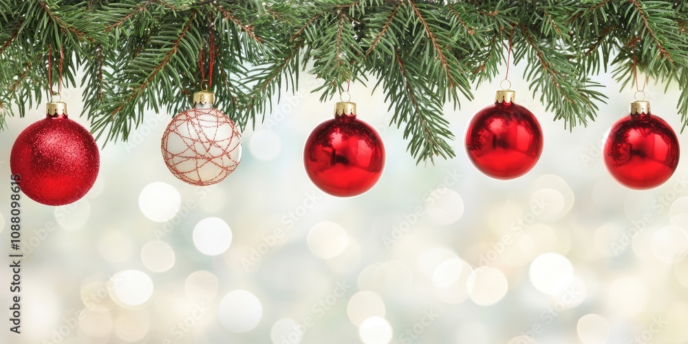 Aufkleber christmas decorations featuring red balls hanging on pine branches along with a garland and ornament
