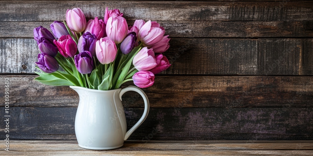 Poster pink and purple tulips in a vintage white jug on a rustic wooden surface in a vertical layout with s