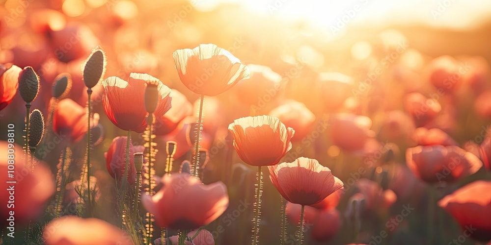 Aufkleber Close-up in a poppy field with the sun. Concept of spring and summer nature background. Shallow depth of field with selective focus.