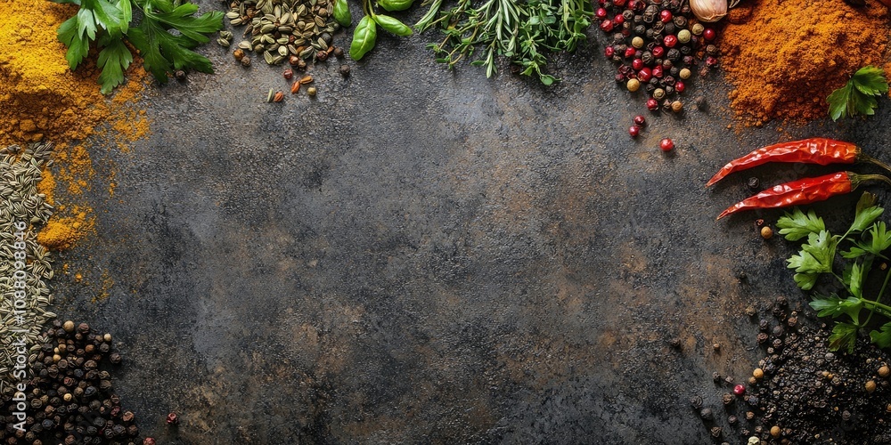 Leinwandbilder different spices and herbs are arranged on a stone table. top view with space for your text.