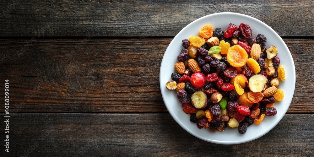 Aufkleber dried fruits on a white plate on a wooden table. a combination of various nuts and berries, rich in 