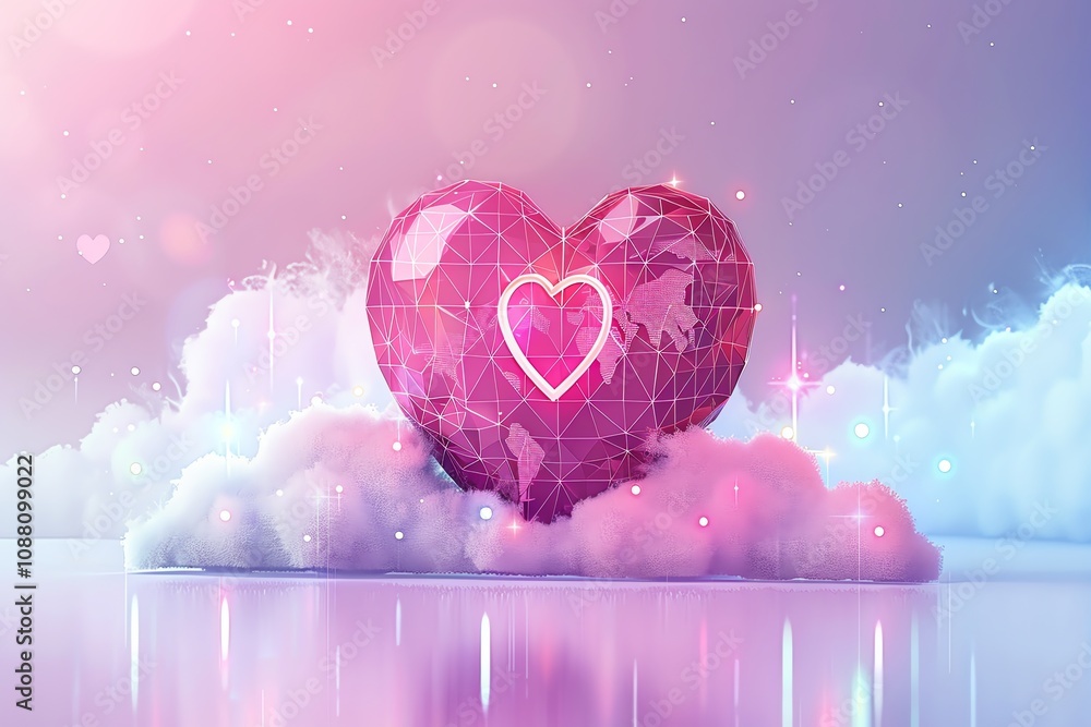 Poster low-poly heart on clouds with soft lighting and bokeh.