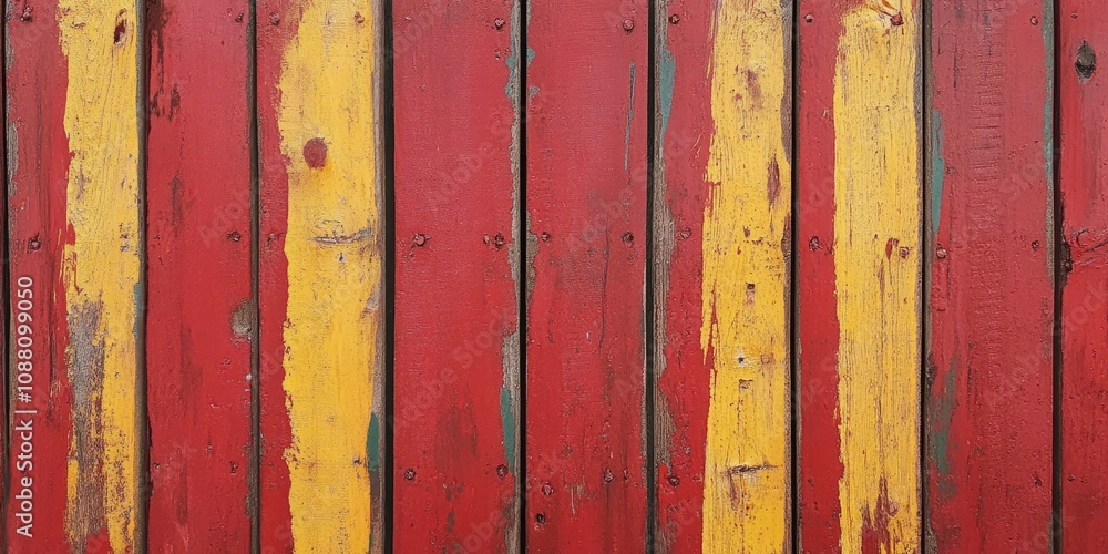 Poster Close-up of a red background texture featuring a painted rustic wooden panel with vertical lines and horizontal yellow bars.
