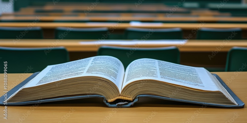Poster close-up of an open book on the table in a school setting.