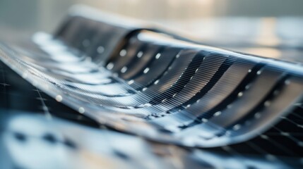 A detailed view of a flexible perovskite solar cell, showing bendable and lightweight photovoltaic technology for renewable energy, Solar technology style