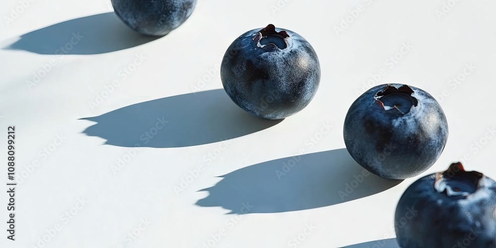 Poster close-up of isolated blueberries on a white background casting a soft shadow. ripe, delicious bluebe