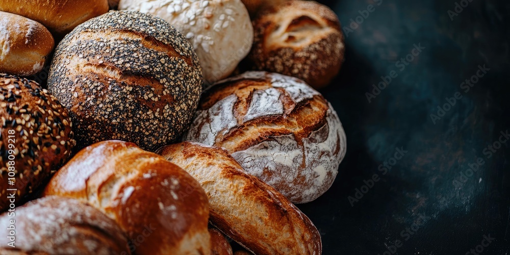 Poster Homemade natural breads. Various types of fresh bread serve as a background, viewed from a perspective with copy space.
