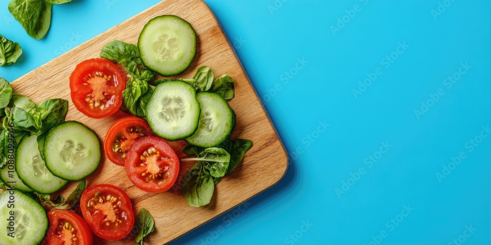 Aufkleber cucumber and tomato salad on a wooden cutting board with a bright blue background. artistic arrangem