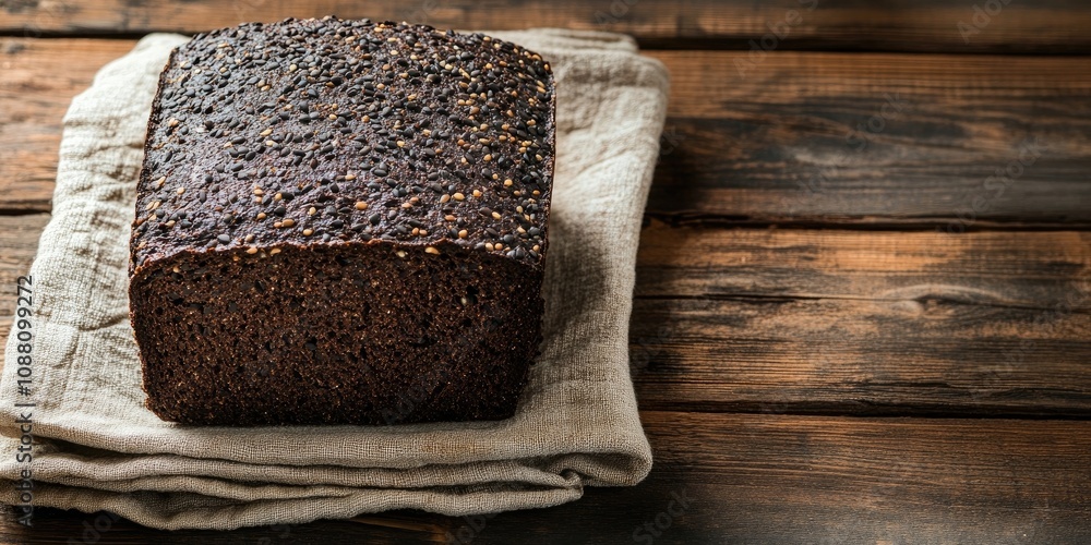 Poster a loaf of black bread with seeds on a textile towel placed on a rustic wooden surface. vertical arra